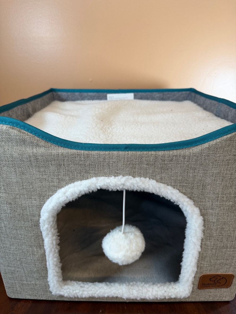 Cozy Beige & Teal Pet Cube Bed with Plush Interior